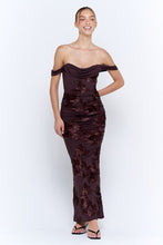 Chocolate Off The Shoulder Floral Embroidered Ruched Maxi Dress