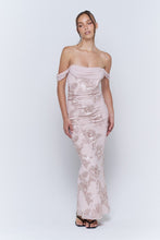 Champagne Off The Shoulder Floral Embroidered Ruched Maxi Dress