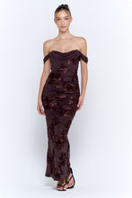 Chocolate Off The Shoulder Floral Embroidered Ruched Maxi Dress