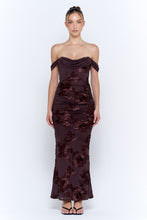 Chocolate Off The Shoulder Floral Embroidered Ruched Maxi Dress