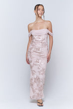 Champagne Off The Shoulder Floral Embroidered Ruched Maxi Dress