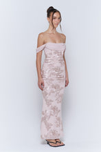 Champagne Off The Shoulder Floral Embroidered Ruched Maxi Dress