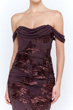 Chocolate Off The Shoulder Floral Embroidered Ruched Maxi Dress