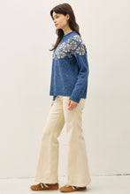 Denim Blue Nordic Pattern Wool Blend Ribbed Roll Neck Sweater