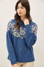 Denim Blue Nordic Pattern Wool Blend Ribbed Roll Neck Sweater
