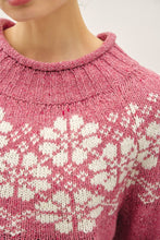 Pink Nordic Pattern Wool Blend Ribbed Roll Neck Sweater