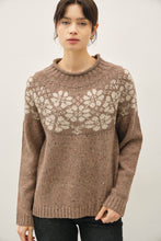 Mocha Nordic Pattern Wool Blend Ribbed Roll Neck Sweater