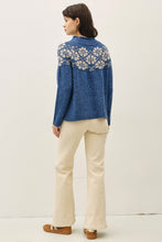 Denim Blue Nordic Pattern Wool Blend Ribbed Roll Neck Sweater