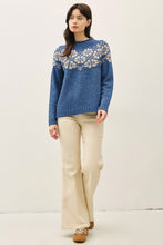 Denim Blue Nordic Pattern Wool Blend Ribbed Roll Neck Sweater