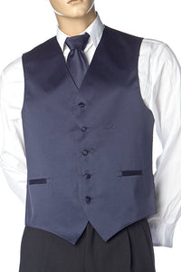 Navy Blue Men's Plain Satin Vest, Solid Colors With Tie Set