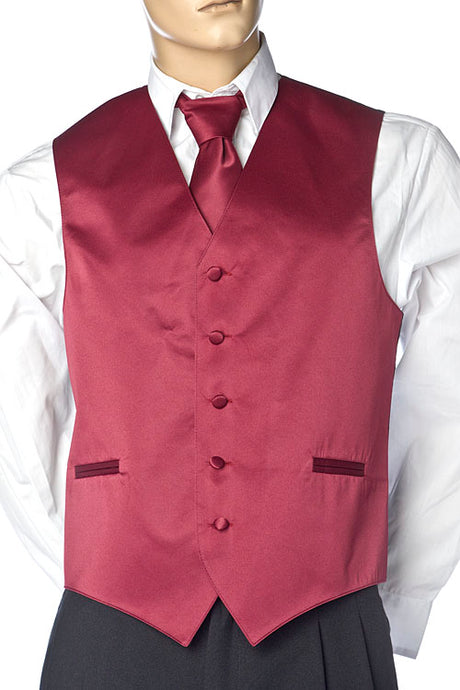 Red Men's Plain Satin Vest, Solid Colors With Tie Set