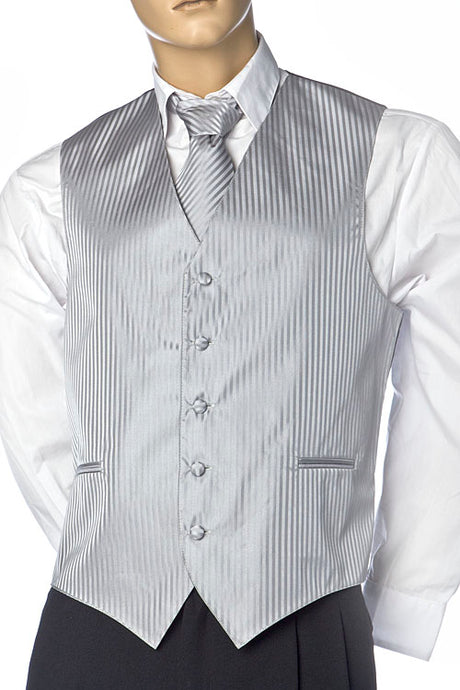 Gray Men's Vertical Design Dress Vest And Necktie Set For Suit Or Tuxedo