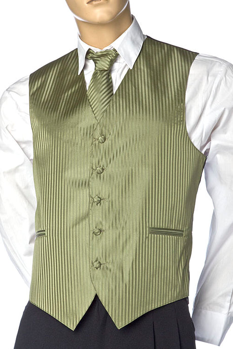 Olive Green Men's Vertical Design Dress Vest And Necktie Set For Suit Or Tuxedo