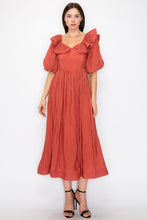 Clay Short Puff Sleeve Pleated Ruffle Trim Midi Dress
