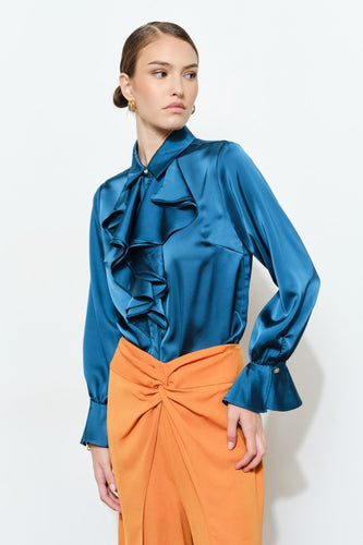 Teal Chic Satin Ruffled Jeweled Bell Sleeves Blouse Top