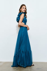 Emerald Organza Shoulder Strap Cutout Lace-up Maxi Dress