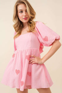 Pink Heart Patch Gauze Valentine Romper