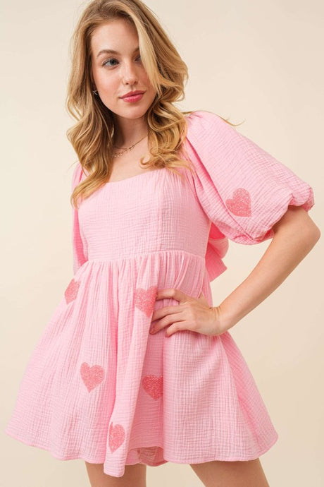 Pink Heart Patch Gauze Valentine Romper