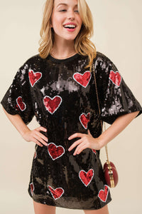 Black/Red VALENTINES DAY Heart Print Sequin Tunic Top