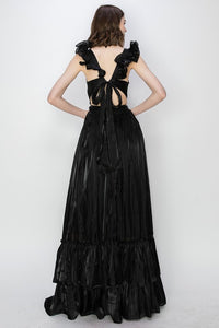 Black Shimmery Woven Ruffle Shoulder Tiered Maxi Dress