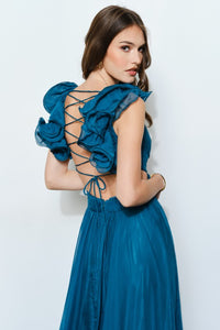 Emerald Organza Shoulder Strap Cutout Lace-up Maxi Dress