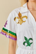 White Mardi Gras Sequin Trim Solid Romper
