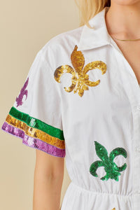 White Mardi Gras Sequin Trim Solid Romper
