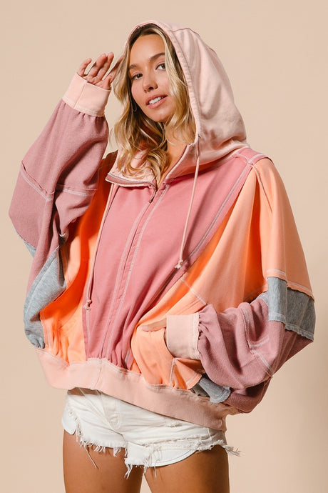 Marsala/Peach Raw Edge Color Block Washed Terry Zip Up Hoodie