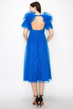 Royal Blue Tulle Pleated Floral Short Sleeve Midi Dress