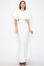 White Puff Sleeves Rhinestione Side Cutout Maxi Dress