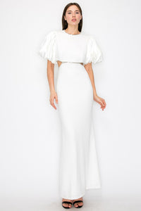 White Puff Sleeves Rhinestione Side Cutout Maxi Dress