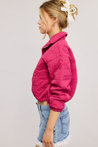 Magenta Quilted Puffer Sweater With Collared Zipper