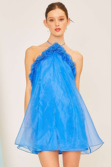 Royal Blue Tie Neck Back Zipper Ruffle Organza Mini Dress
