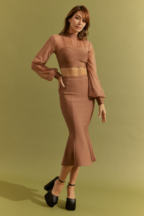 Mocha Bandage Crop Top Mesh And Fit Midi Skirt Set