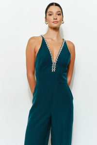 Emerald Crystal Trim Deep V Cross Back Jumpsuit