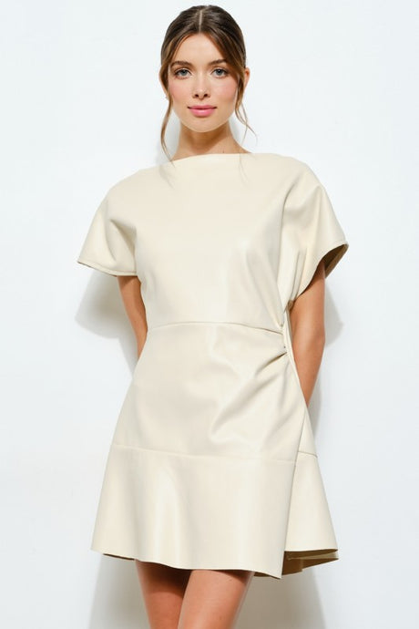 Ivory Side Tucked Faux Leather Mini Dress