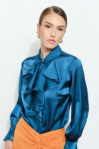 Teal Chic Satin Ruffled Jeweled Bell Sleeves Blouse Top