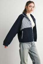 Navy Multi Quilted Plaid Sherpa Fleece Snap Jacket