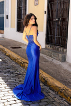 Royal Blue Lace Embroidered Satin Long Slit Evening Dress