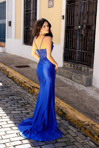 Royal Blue Lace Embroidered Satin Long Slit Evening Dress