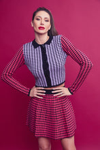 Pink Multi Knit Houndstooth Colorblock Cardigan Skirt Set
