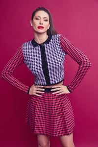 Pink Multi Knit Houndstooth Colorblock Cardigan Skirt Set