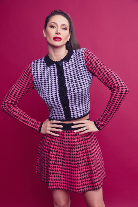 Pink Multi Knit Houndstooth Colorblock Cardigan Skirt Set