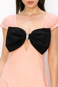 Peach Chiffon Sleeve Big Bow Detail Mini Dress