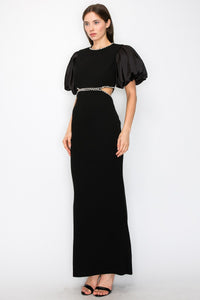 Black Puff Sleeves Rhinestione Side Cutout Maxi Dress
