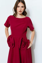 Burgundy Elegant Rose Applique A-line Midi Dress