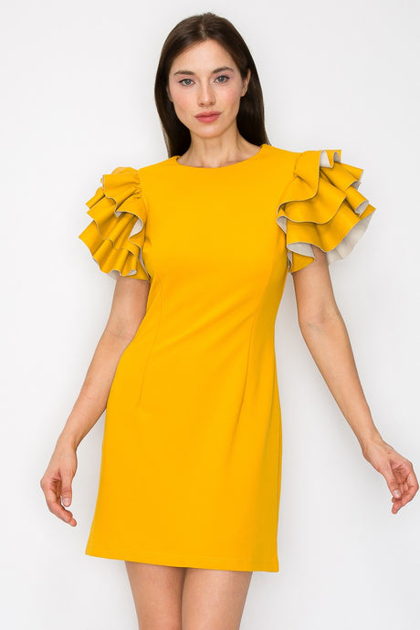 Mustard Faux Leather Ruffled Sleeves Stretch Mini Dress