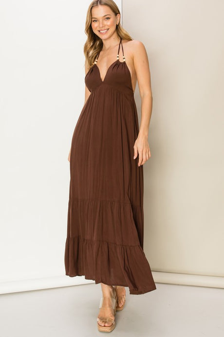 Oak Brown Its A Date Halter Open-Back Maxi Dress