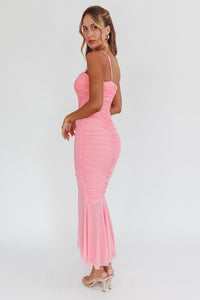 Pink One Shoulder Knit Ruched Detail Maxi Dress