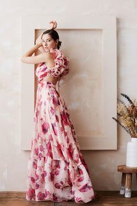 Apricot Organza Ruffle Shoulders Floral Tulle Maxi Dress